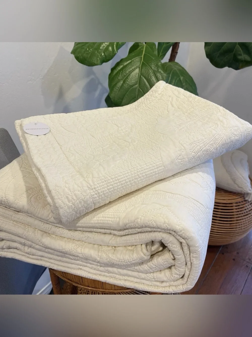 NEW Anthropologie White Queen King Boho Damask Quilt Bedspread Blanket Sham Set